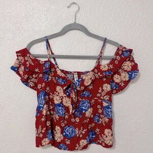 American Rag red floral off shoulder ruffle top size small